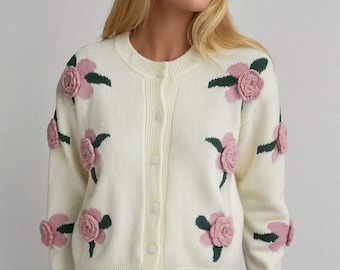 3D Flower Knit Cardigan for Women, O-Neck Long Sleeve Sweater, Knitted Top
