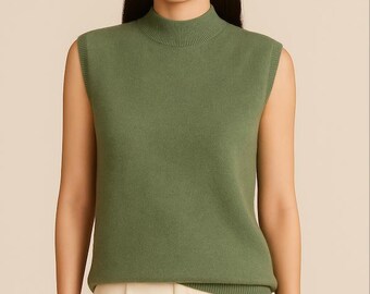 Wool Sleeveless Sweater | Semi High Neck Knit Top | Solid Color Soft Pullover