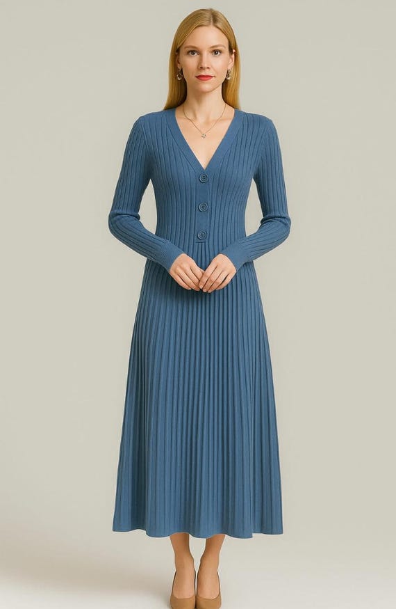 Pleated Knit Maxi Dress | V-neck Long Sweater Dress | Elegant Button Design  - Etsy Israel