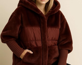 Women’s Hooded Fur Coat | Knit Sleeve Drop Shoulder Coat | Warm Autumn Hoodie