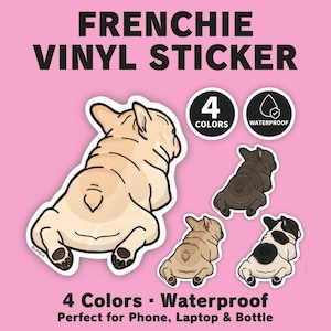 K&ouml;nnte beinhalten: Auf rosa Hintergrund ist ein "FRENCHIE VINYL STICKER" Design zu sehen. Das Bild zeigt vier franz&ouml;sische Bulldoggen-Aufkleber in verschiedenen Farben. Die Aufkleber sind wasserfest und in vier Farben erh&auml;ltlich.