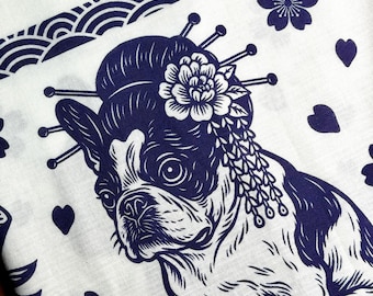 Japanisches Tenugui Handtuch - Französische Bulldogge Kunst | Ninja,Oiran,Kabuki Design | Sakura-Muster | 100% Baumwolle | Japanisches Dekor Geschenk | Wandbehang
