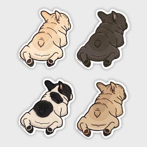 K&ouml;nnte beinhalten: Vier Aufkleber mit Cartoon-Franz&ouml;sischen Bulldoggen in verschiedenen Farben. Einer ist hellbraun, einer ist dunkelbraun, einer ist schwarz und wei&szlig; und einer ist hellbraun. Die Hunde sind von hinten in sitzender Position dargestellt.