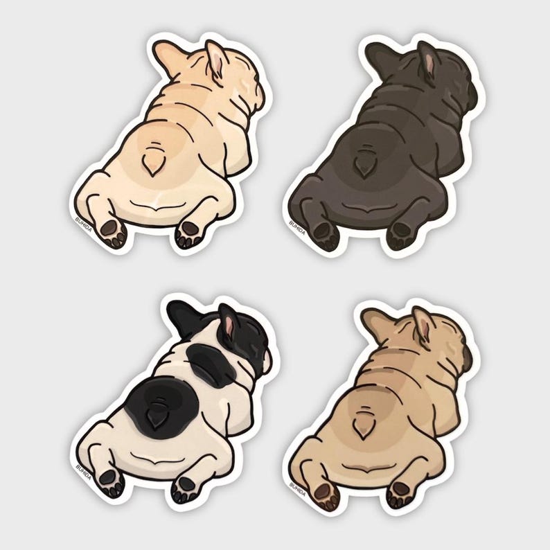 K&ouml;nnte beinhalten: Vier Aufkleber mit Cartoon-Franz&ouml;sischen Bulldoggen in verschiedenen Farben. Einer ist hellbraun, einer ist dunkelbraun, einer ist schwarz und wei&szlig; und einer ist hellbraun. Die Hunde sind von hinten in sitzender Position dargestellt.