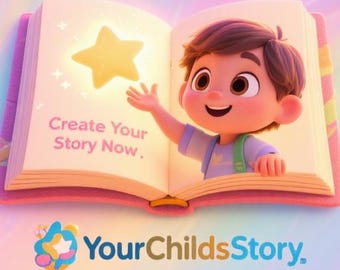 May include: A colourful illustration of an open book featuring a cartoon boy and a glowing star. The text "Create Your Story Now" is displayed on the page. The logo "YourChildsStory" is at the bottom, indicating a children's book or storytelling theme.
