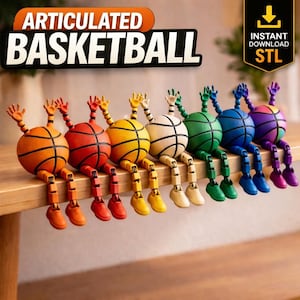 May include: A row of articulated basketball figures in various colors, including orange, red, yellow, white, green, blue, and purple. Each figure has a basketball body, jointed limbs, and raised hands. The text "ARTICULATED BASKETBALL" is displayed above.