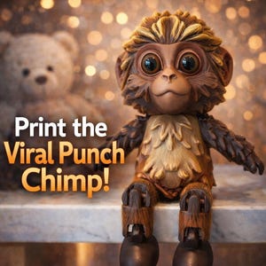Könnte beinhalten: Detaillierte, braune und hellbraune Schimpansenfigur mit großen Augen und einem strukturierten, fellartigen Aussehen. Der Text "Print the Viral Punch Chimp!" wird in Weiß und Orange angezeigt. Im Hintergrund ist ein verschwommener Teddybär zu sehen.