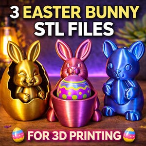 Puede incluir: Tres figuras de conejos de Pascua en oro, rosa y azul, con el texto "3 EASTER BUNNY STL FILES FOR 3D PRINTING". Los conejos sostienen huevos de Pascua. El conejo dorado sale de un huevo.