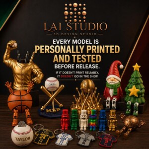 May include: A collection of 3D printed items including a gold baseball jersey pen holder, a basketball figure, a baseball on crossed bats, a gold baseball stand, a gnome, a Christmas tree, nutcrackers, and personalized baseball keychains.