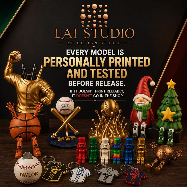 May include: A collection of 3D printed items including a gold baseball jersey pen holder, a basketball figure, a baseball on crossed bats, a gold baseball stand, a gnome, a Christmas tree, nutcrackers, and personalized baseball keychains.