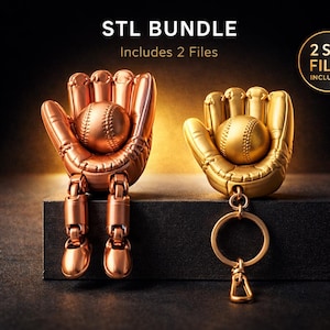 May include: A baseball-themed STL bundle featuring two metallic baseball glove and ball designs. One is copper-coloured with articulated legs, and the other is gold-coloured with a keychain. The text reads "STL BUNDLE" and "Includes 2 Files".