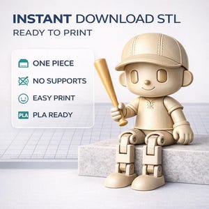 May include: A beige 3D-printed figurine of a baseball player wearing a cap and holding a bat. Text reads: INSTANT DOWNLOAD STL, READY TO PRINT, ONE PIECE, NO SUPPORTS, EASY PRINT, PLA READY. The figure features articulated joints at the knees.