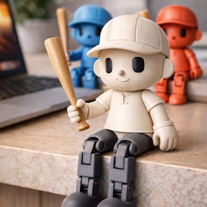 Puede incluir: Una figura con temática de béisbol con gorra y camisa beige, sosteniendo un bate de madera. La figura tiene articulaciones y está sentada. Otras dos figuras en azul y naranja están en el fondo. Las figuras están sobre una superficie clara.