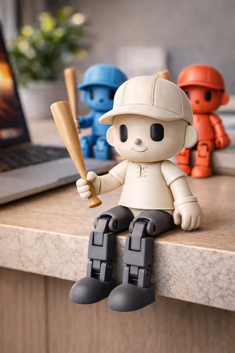 May include: Three articulated figures sitting on an edge, each wearing a baseball cap and holding a small wooden bat. The front figure is cream-colored with dark gray legs, while the two figures behind are solid blue and orange respectively.