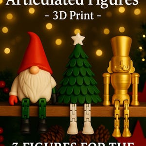 K&ouml;nnte beinhalten: Weihnachts-Gelenkfiguren, 3D-gedruckt, darunter ein Wichtel mit roter M&uuml;tze, ein gr&uuml;ner Weihnachtsbaum mit wei&szlig;em Stern und ein goldener Nussknacker. Der Text lautet "3 Figuren zum Preis von 2."