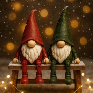 K&ouml;nnte beinhalten: Zwei Weihnachtswichtel sitzen nebeneinander auf einer Holzbank in einer verschneiten Szene. Einer tr&auml;gt einen roten Hut und ein rotes Outfit, der andere einen gr&uuml;nen Hut und ein gr&uuml;nes Outfit. Beide haben wei&szlig;e B&auml;rte und sind von weichen Bokeh-Lichtern umgeben.