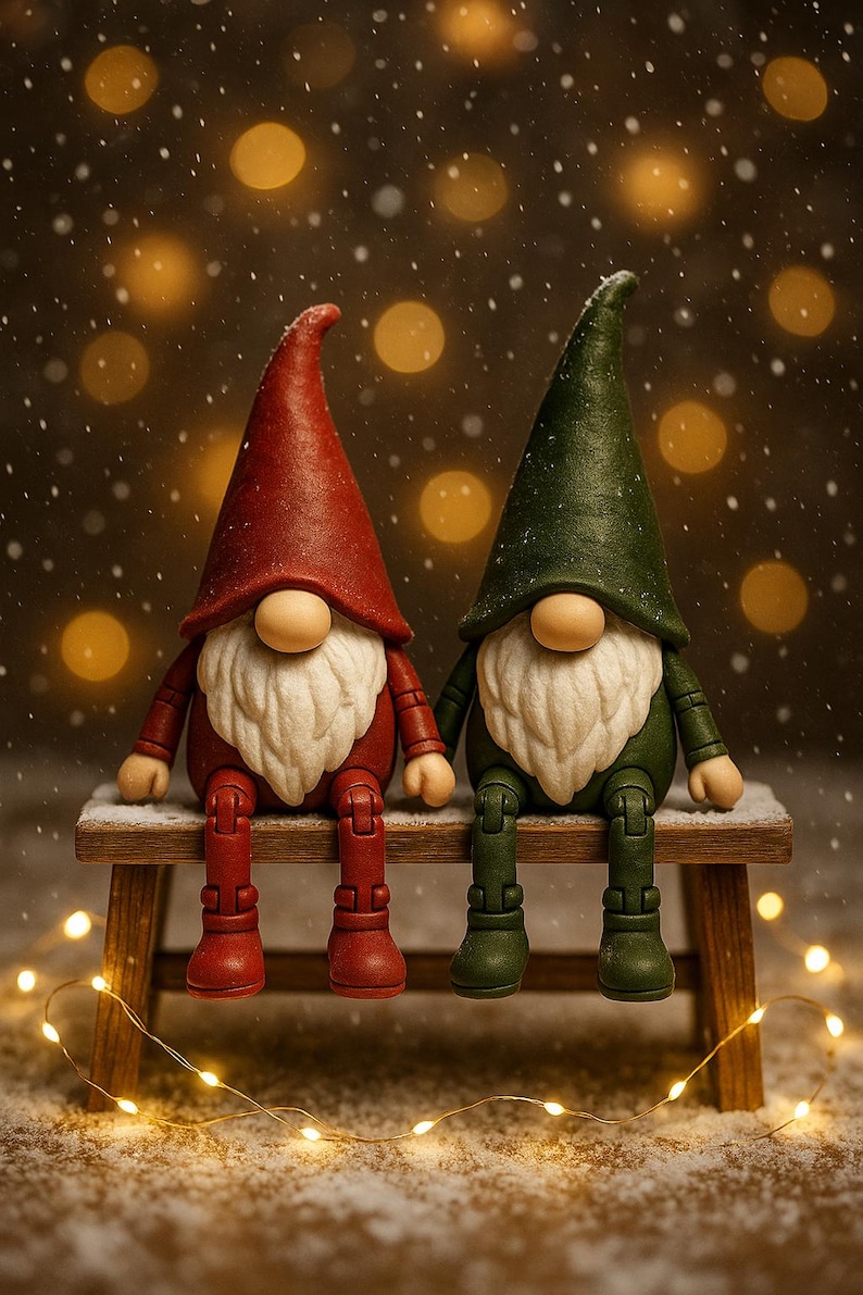 K&ouml;nnte beinhalten: Zwei Weihnachtswichtel sitzen nebeneinander auf einer Holzbank in einer verschneiten Szene. Einer tr&auml;gt einen roten Hut und ein rotes Outfit, der andere einen gr&uuml;nen Hut und ein gr&uuml;nes Outfit. Beide haben wei&szlig;e B&auml;rte und sind von weichen Bokeh-Lichtern umgeben.