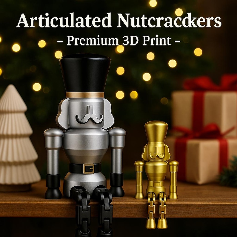 K&ouml;nnte beinhalten: Text "Articulated Nutcrackers - Premium 3D Print" &uuml;ber zwei dekorativen Nussknackern. Einer ist silberfarben mit schwarzem Hut, der andere goldfarben. Sie stehen auf einer Holzoberfl&auml;che mit Weihnachtsbaum und Geschenken im Hintergrund.