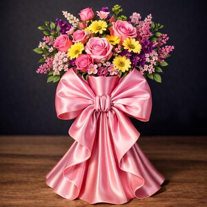 Puede incluir: Un vibrante arreglo floral con rosas rosas, margaritas amarillas y flores silvestres moradas. El ramo se presenta en un jarr&oacute;n de sat&eacute;n rosa con un gran lazo, sobre un fondo oscuro y una superficie de madera.