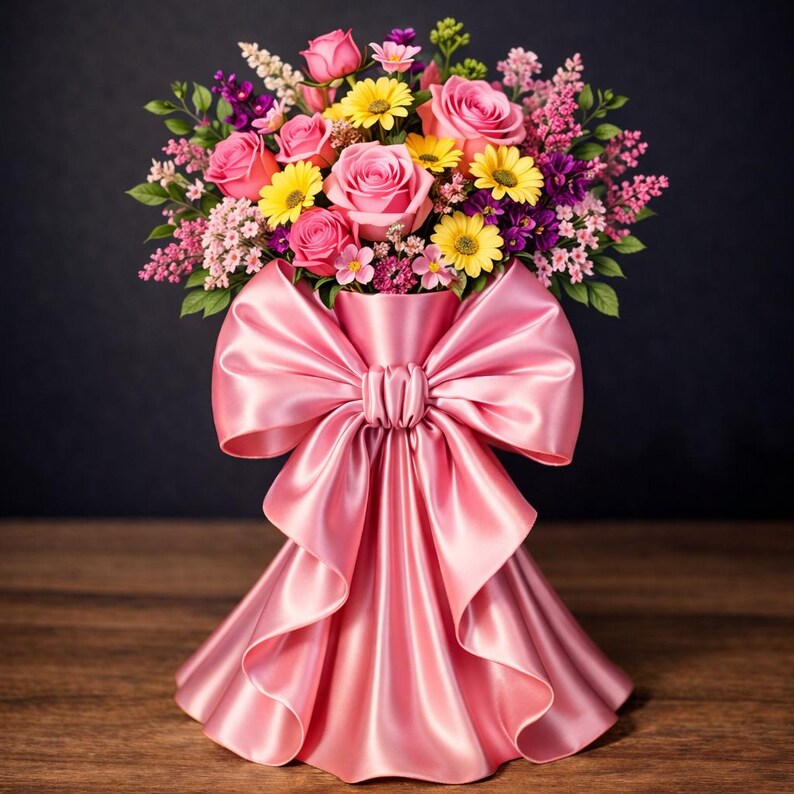 Puede incluir: Un vibrante arreglo floral con rosas rosas, margaritas amarillas y flores silvestres moradas. El ramo se presenta en un jarr&oacute;n de sat&eacute;n rosa con un gran lazo, sobre un fondo oscuro y una superficie de madera.