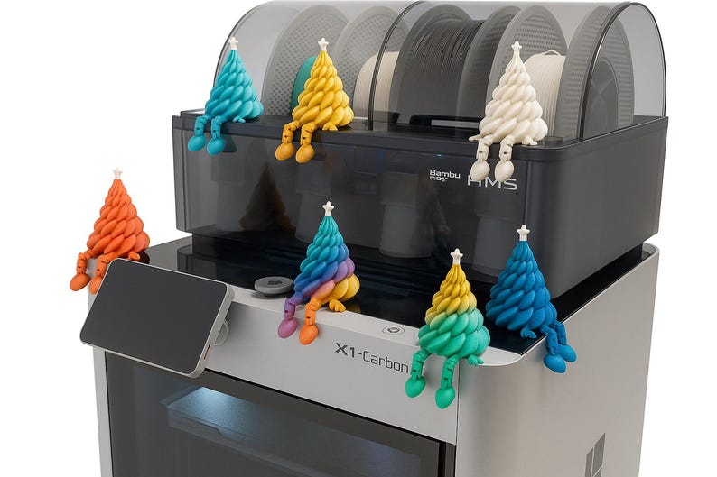 K&ouml;nnte beinhalten: Ein 3D-Drucker mit Touchscreen und mehreren bunten, dekorativen Weihnachtsbaumfiguren. Die B&auml;ume sind blau, gelb, orange, wei&szlig; und regenbogenfarben, jeweils mit einem Stern und Beinen, die &uuml;ber den Rand h&auml;ngen.