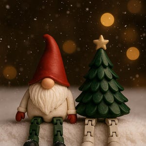K&ouml;nnte beinhalten: Ein skurriler Weihnachtszwerg mit roter M&uuml;tze und wei&szlig;em Bart sitzt neben einem gr&uuml;nen Weihnachtsbaum mit einem goldenen Stern. Beide Figuren haben bewegliche Beine und stehen vor einem verschneiten Hintergrund mit Bokeh-Lichtern.