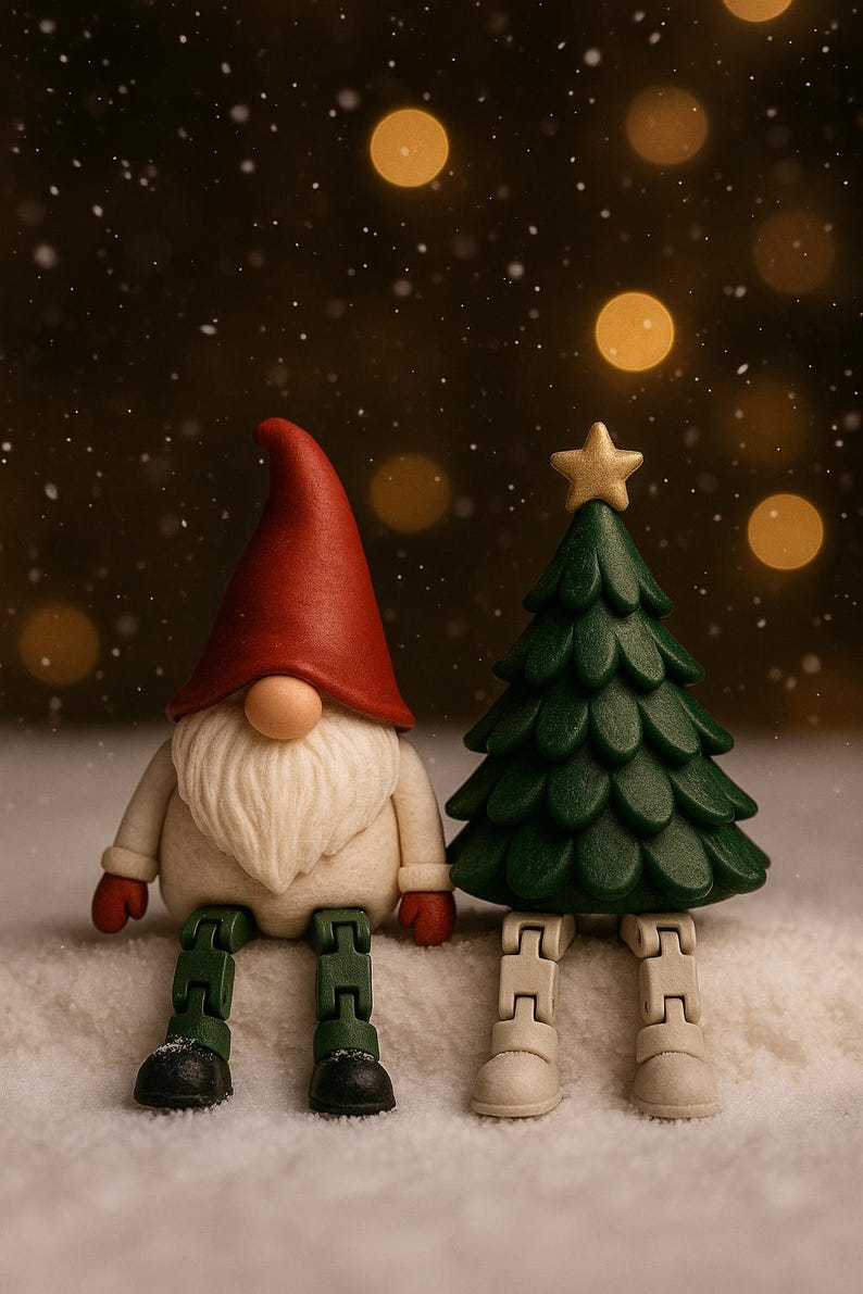 K&ouml;nnte beinhalten: Ein skurriler Weihnachtszwerg mit roter M&uuml;tze und wei&szlig;em Bart sitzt neben einem gr&uuml;nen Weihnachtsbaum mit einem goldenen Stern. Beide Figuren haben bewegliche Beine und stehen vor einem verschneiten Hintergrund mit Bokeh-Lichtern.