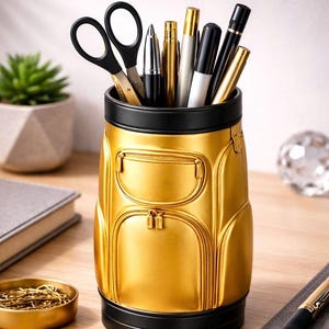 Puede incluir: Un organizador de escritorio dorado con forma de bolsa de golf, que contiene bolígrafos, tijeras y rotuladores. El organizador tiene detalles en negro y un diseño de bolsillo con cremallera. Una pequeña planta suculenta y un cuenco con clips están en el fondo.