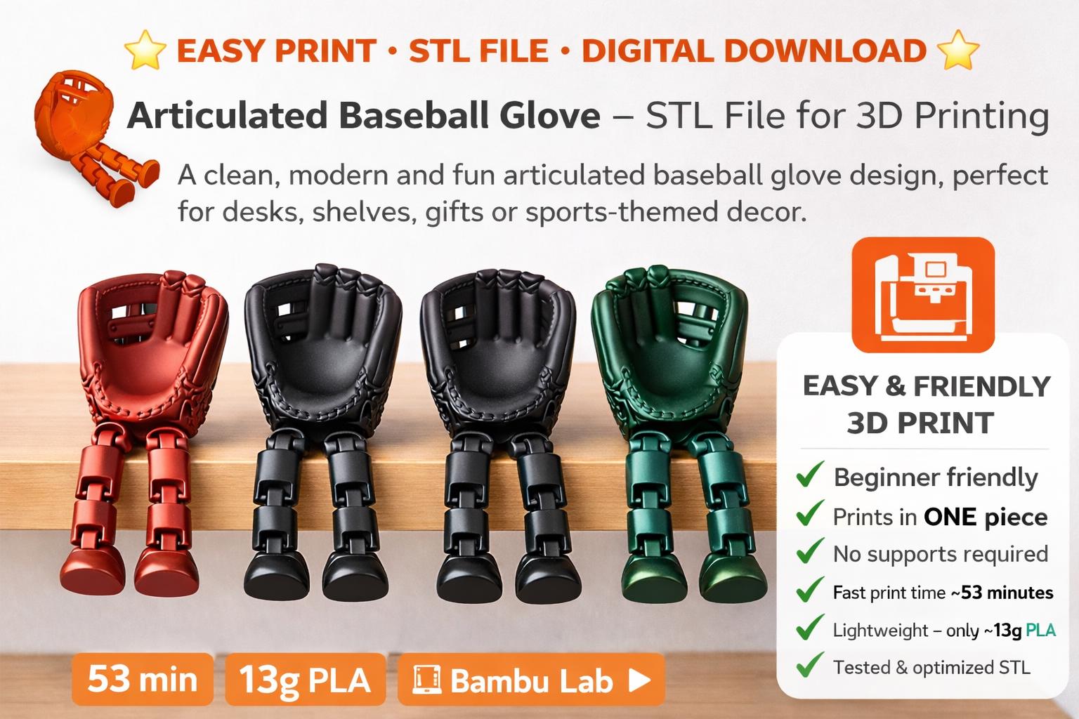 Stl File Sports Articulated Baseball Glove STL File for 3D Printing | Printable STL 3D ...