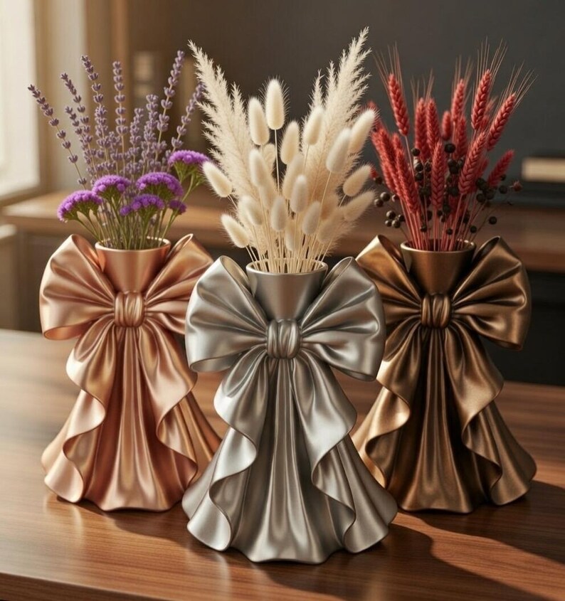 Puede incluir: Tres jarrones decorativos con dise&ntilde;o de lazo, cada uno con flores secas. Los jarrones son en tonos dorados, plateados y bronce. Las flores incluyen lavanda, blanco esponjoso y tallos rojos. Los jarrones est&aacute;n colocados sobre una superficie de madera.