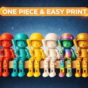 May include: Six articulated baseball player figurines in red, teal, yellow, white, iridescent, and gold, each holding a bat. The text ONE PIECE & EASY PRINT appears in an orange banner above the figures, which are seated in a row.