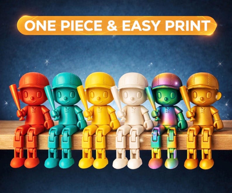 May include: Six articulated baseball player figurines in red, teal, yellow, white, iridescent, and gold, each holding a bat. The text ONE PIECE & EASY PRINT appears in an orange banner above the figures, which are seated in a row.