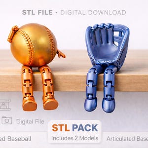 May include: A gold articulated baseball and a blue articulated baseball glove with jointed legs are displayed on a wooden surface. The image includes the text "STL FILE • DIGITAL DOWNLOAD" and "STL PACK".