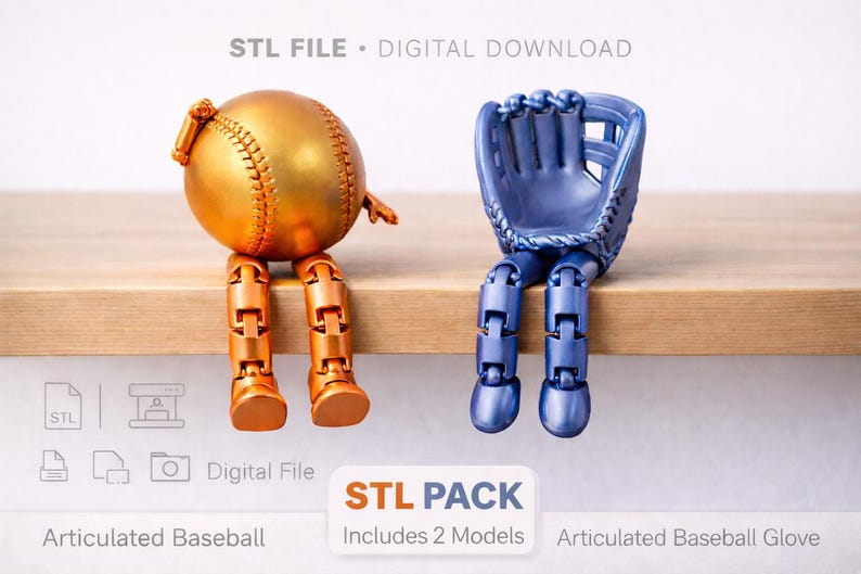May include: An articulated baseball and baseball glove model, both with jointed legs, sit on a wooden surface. The baseball is gold, and the glove is blue. The image includes the text "STL FILE &bull; DIGITAL DOWNLOAD" and "STL PACK".