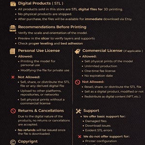 May include: A black and gold store policy document from LAI STUDIO. The document outlines digital product details, printing recommendations, personal and commercial use licenses, returns, and support information. Copyright details are also included.