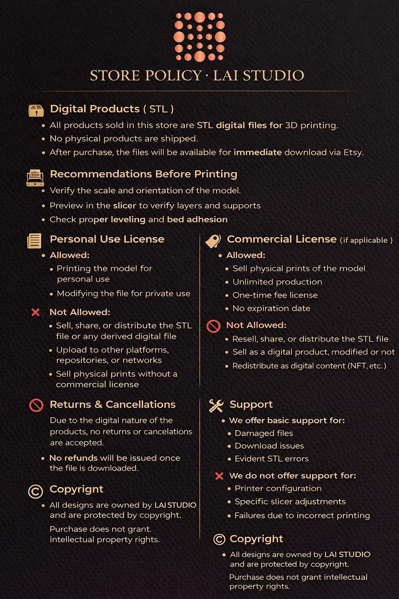 May include: A black and gold store policy document from LAI STUDIO. The document outlines digital product details, printing recommendations, personal and commercial use licenses, returns, and support information. Copyright details are also included.