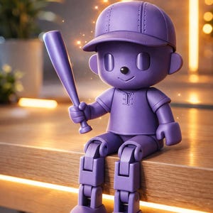 May include: A purple baseball player figurine with a smooth matte finish, wearing a cap and a jersey with a small emblem on the chest. The figure is in a seated position with articulated limbs, holding a small baseball bat in its right hand.