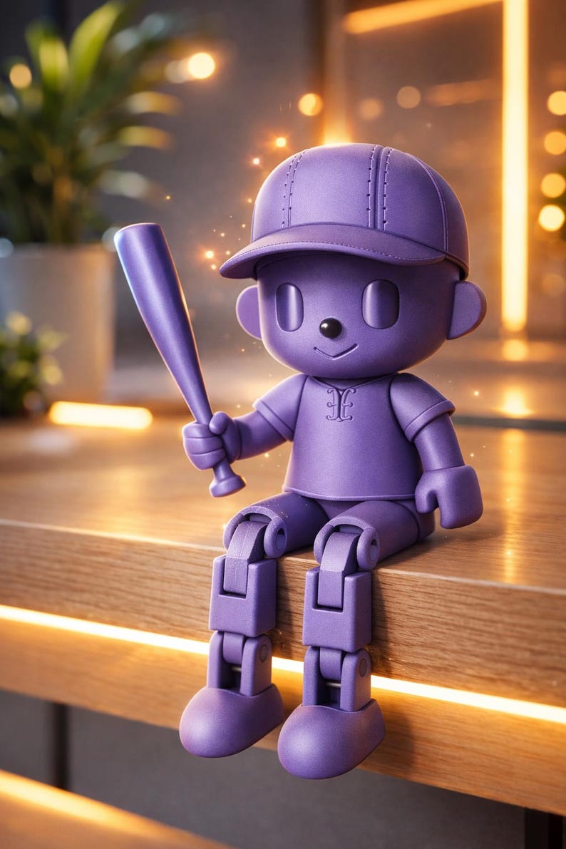 May include: A purple baseball player figurine with a smooth matte finish, wearing a cap and a jersey with a small emblem on the chest. The figure is in a seated position with articulated limbs, holding a small baseball bat in its right hand.
