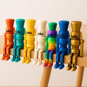May include: A row of colorful, articulated toy nutcrackers in orange, teal, yellow, white, rainbow, blue, and gold. Each figure has a black mustache and is seated on a wooden surface. The toys are a fun, decorative item.