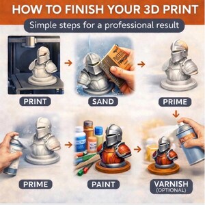 K&ouml;nnte beinhalten: Eine illustrierte Anleitung mit dem Titel "HOW TO FINISH YOUR 3D PRINT" zeigt Schritte f&uuml;r ein professionelles Ergebnis. Die Schritte umfassen das Drucken, Schleifen, Grundieren, Bemalen und Lackieren einer 3D-gedruckten Ritterr&uuml;stungsb&uuml;ste. Das Bild verwendet Pfeile, um den Prozess zu zeigen.