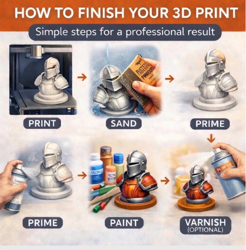 K&ouml;nnte beinhalten: Eine illustrierte Anleitung mit dem Titel "HOW TO FINISH YOUR 3D PRINT" zeigt Schritte f&uuml;r ein professionelles Ergebnis. Die Schritte umfassen das Drucken, Schleifen, Grundieren, Bemalen und Lackieren einer 3D-gedruckten Ritterr&uuml;stungsb&uuml;ste. Das Bild verwendet Pfeile, um den Prozess zu zeigen.