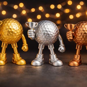 Puede incluir: Tres figuras de pelota de golf en oro, plata y bronce, cada una sosteniendo un pequeño trofeo. Las figuras tienen piernas, brazos y zapatos. El fondo es oscuro con luces doradas borrosas.
