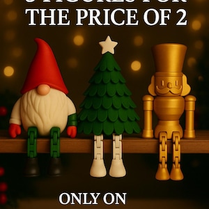 May include: Three decorative figures: a gnome with a red hat, a green Christmas tree with a white star, and a gold nutcracker. The text reads "LIMITED OFFER 3 FIGURES FOR THE PRICE OF 2" and "ONLY ON Etsy".