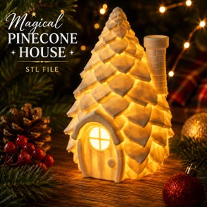 Puede incluir: Una estructura de casa blanca en forma de cono con un exterior texturizado de escamas de piña, una pequeña puerta arqueada con una ventana circular y una chimenea de ladrillo. El texto "Magical PINECONE HOUSE STL FILE" es visible arriba.
