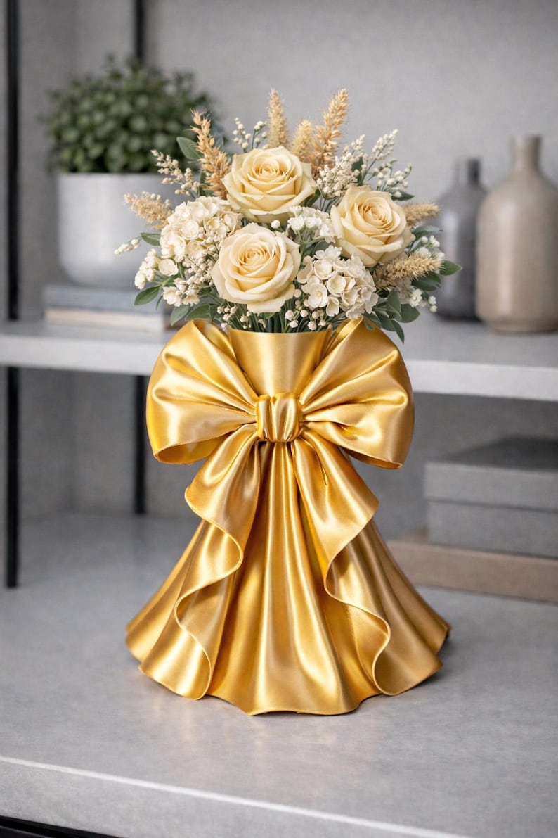 Puede incluir: Un jarr&oacute;n dorado con un gran dise&ntilde;o de lazo, lleno de un ramo de rosas color crema, flores blancas y espigas de trigo. El jarr&oacute;n tiene una base con volantes, creando un arreglo floral lujoso.
