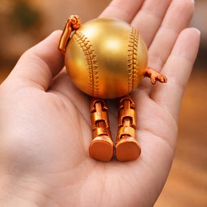 May include: A golden baseball figurine with orange arms, legs, and feet. The baseball has detailed stitching and is held in a hand. The figurine has a whimsical, playful design.