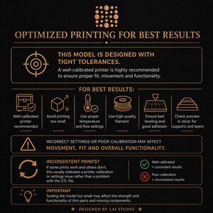 May include: A graphic with text about optimized 3D printing. It includes tips for best results, such as using a well-calibrated printer, proper temperature, and high-quality filament. The image also warns about the effects of incorrect settings.
