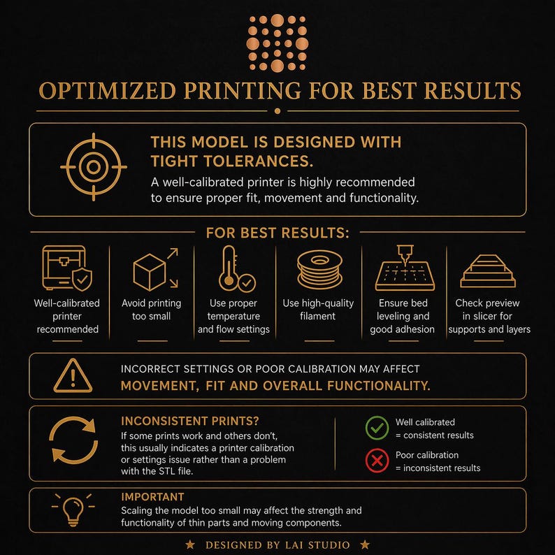 May include: A graphic with text about optimized 3D printing. It includes tips for best results, such as using a well-calibrated printer, proper temperature, and high-quality filament. The image also warns about the effects of incorrect settings.