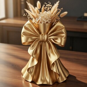 Puede incluir: Un jarr&oacute;n dorado con forma de lazo, lleno de flores secas y trigo. El jarr&oacute;n tiene una textura satinada y est&aacute; sobre una superficie de madera. El dise&ntilde;o del lazo es prominente, con pliegues detallados y un nudo central.
