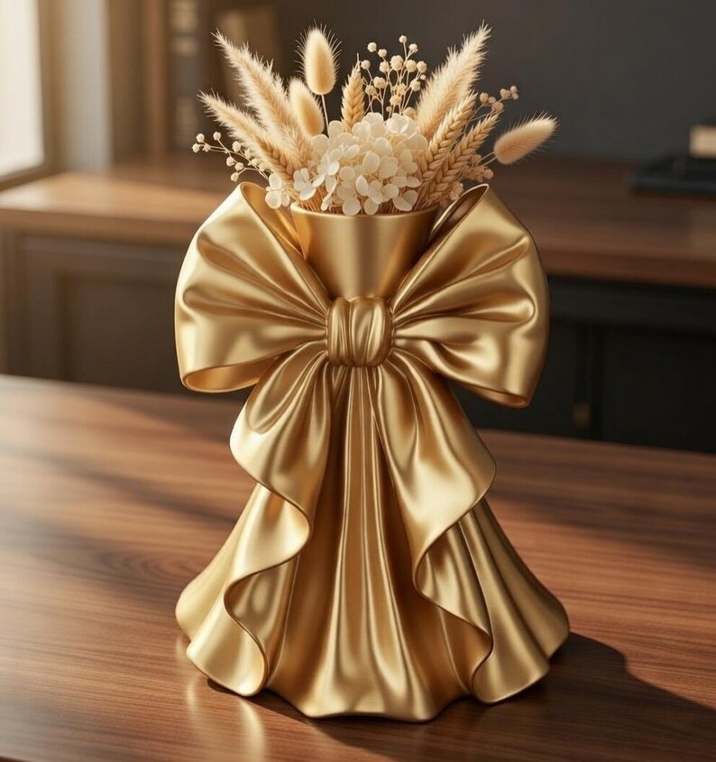 Puede incluir: Un jarr&oacute;n dorado con forma de lazo, lleno de flores secas y trigo. El jarr&oacute;n tiene una textura satinada y est&aacute; sobre una superficie de madera. El dise&ntilde;o del lazo es prominente, con pliegues detallados y un nudo central.